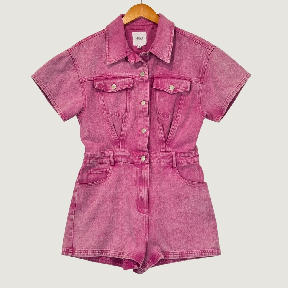 Le Lis Romper Womens Medium Pink Denim Barbie Acid Wash Utility Festival
